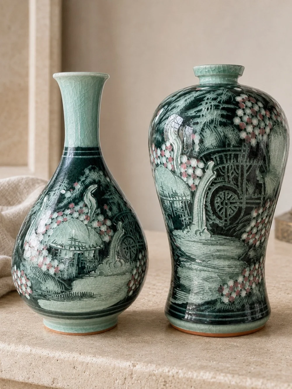 Vintage Korean Haegwang Celadon Sanggam Vase Pair w/ Certificate